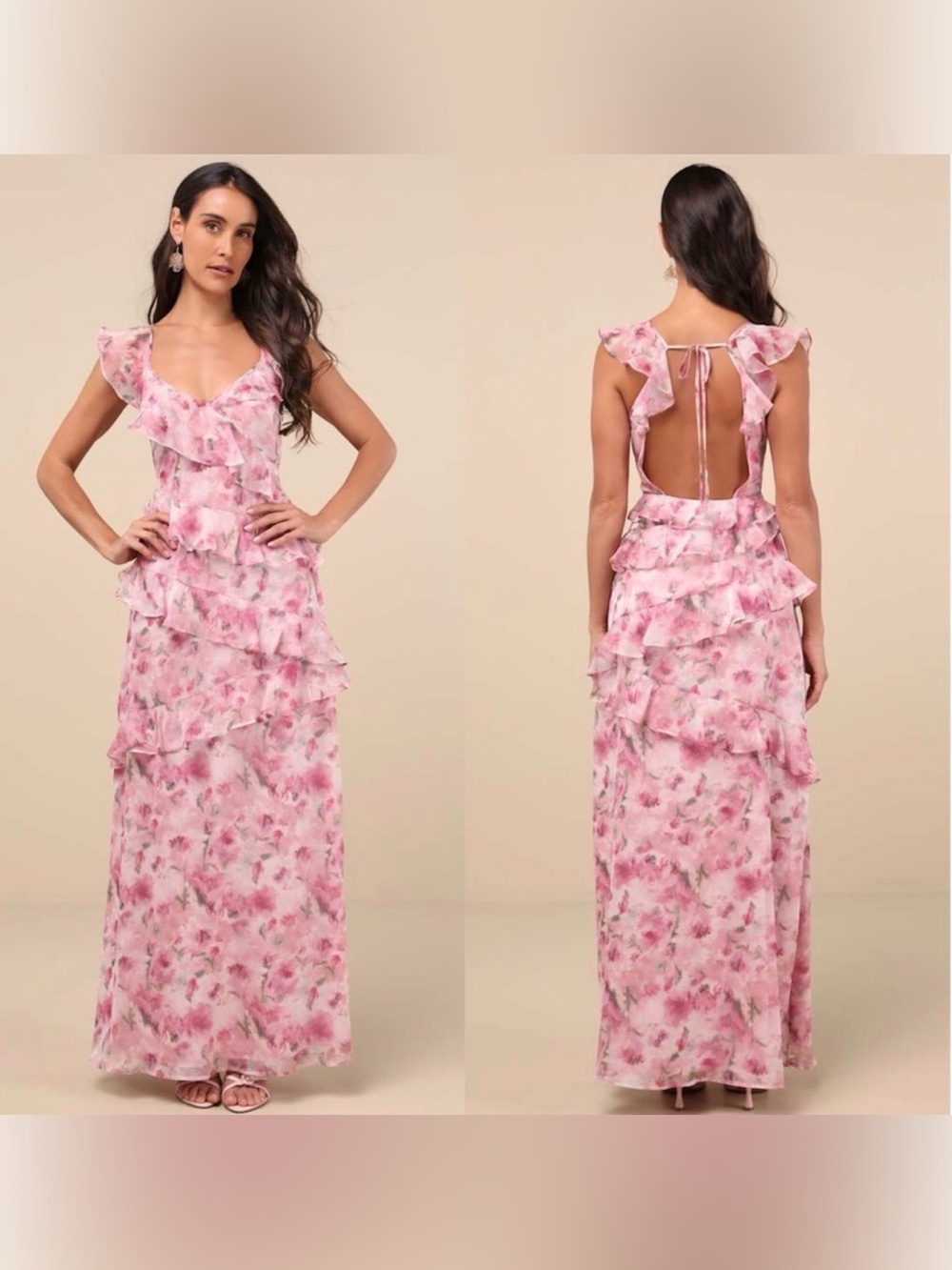 Lulus Evangeline Pink Floral Ruffle Maxi Dress | Open Back | S